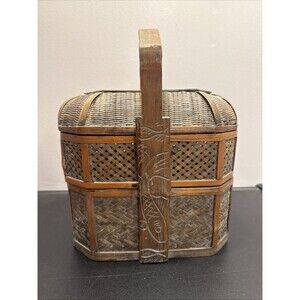 Antique Or Vintage Woven Bamboo Laquer 3-Tier Chinese Wedding Basket Fish Carved